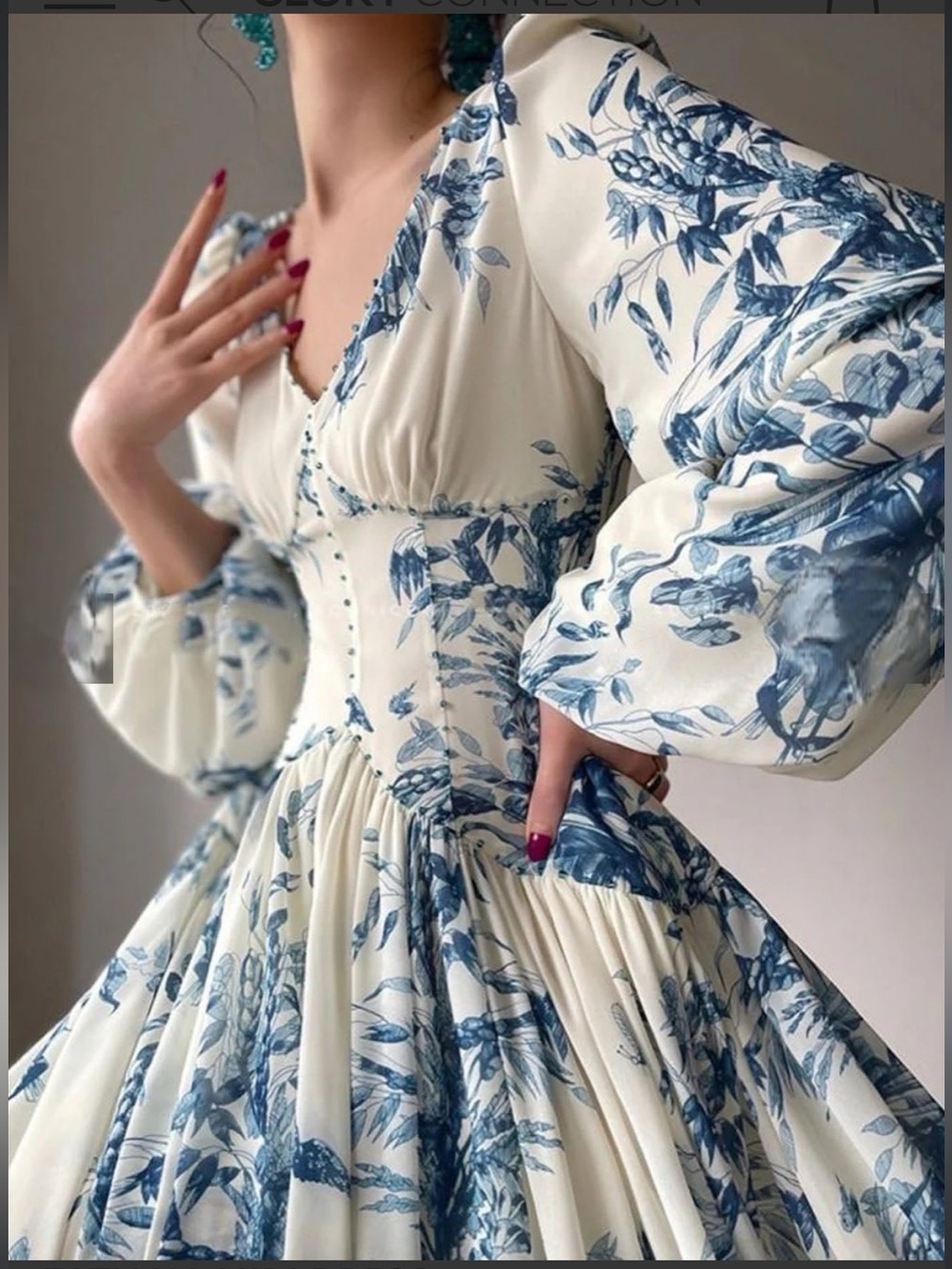 NWT O.P.T Abrielle Botanical Blue Empire Waist Lantern Sleeve Dress Small - Picture 2 of 10